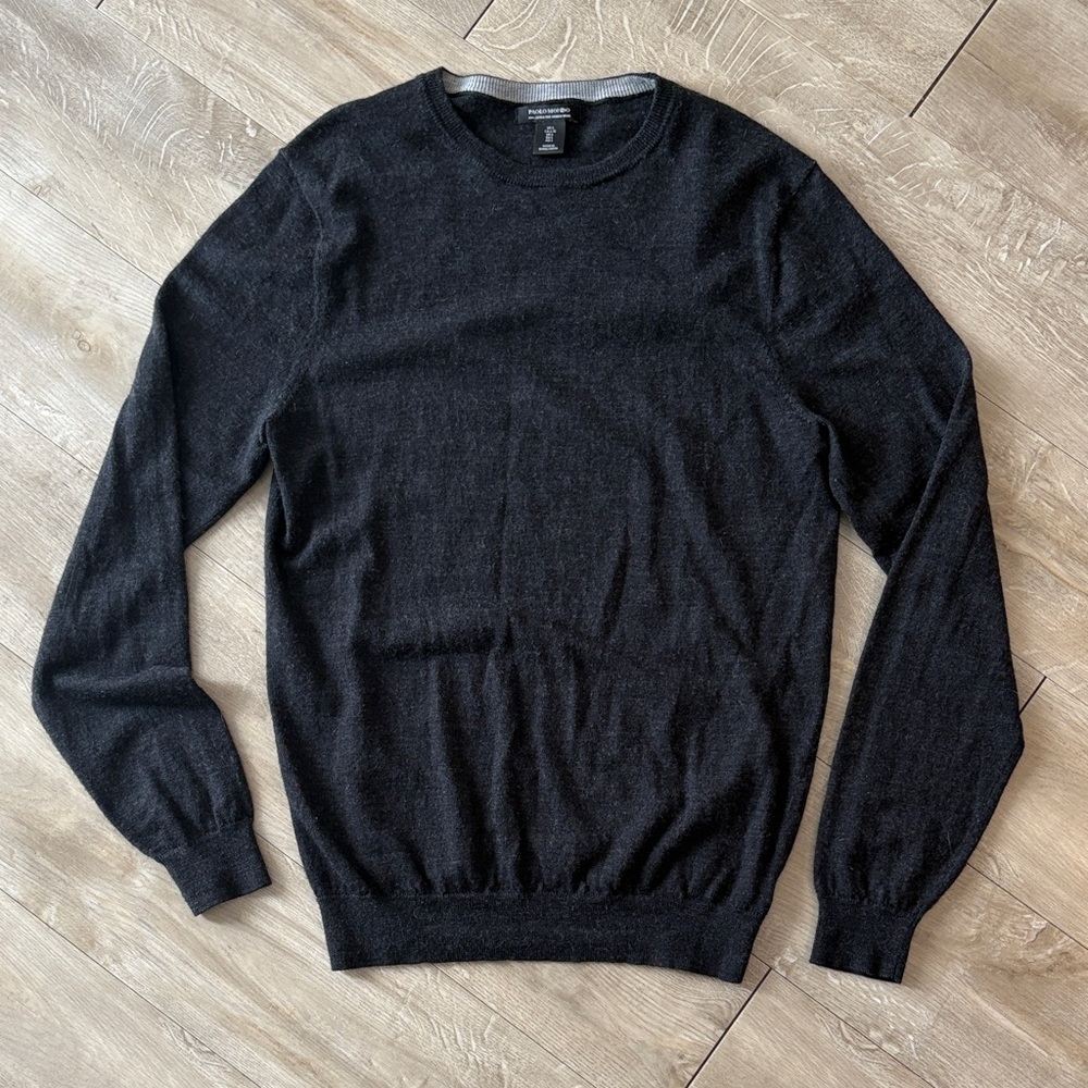 Paolo Mondo Pullover Sweater Large 100% Extra Fine Merino Wool Dark Grey/Black
